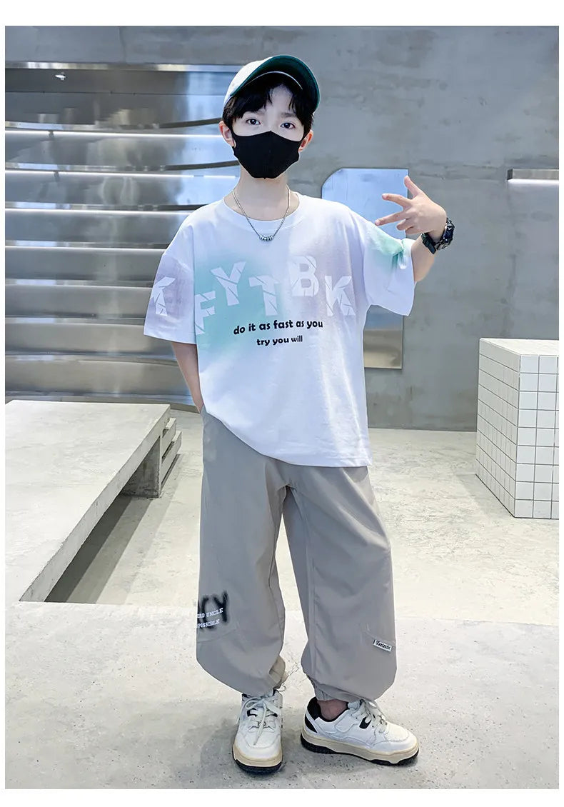 Teenager Boys Clothes Casual Outfit Kids Gradient Tracksuit Child t shirt + ankle tie pant