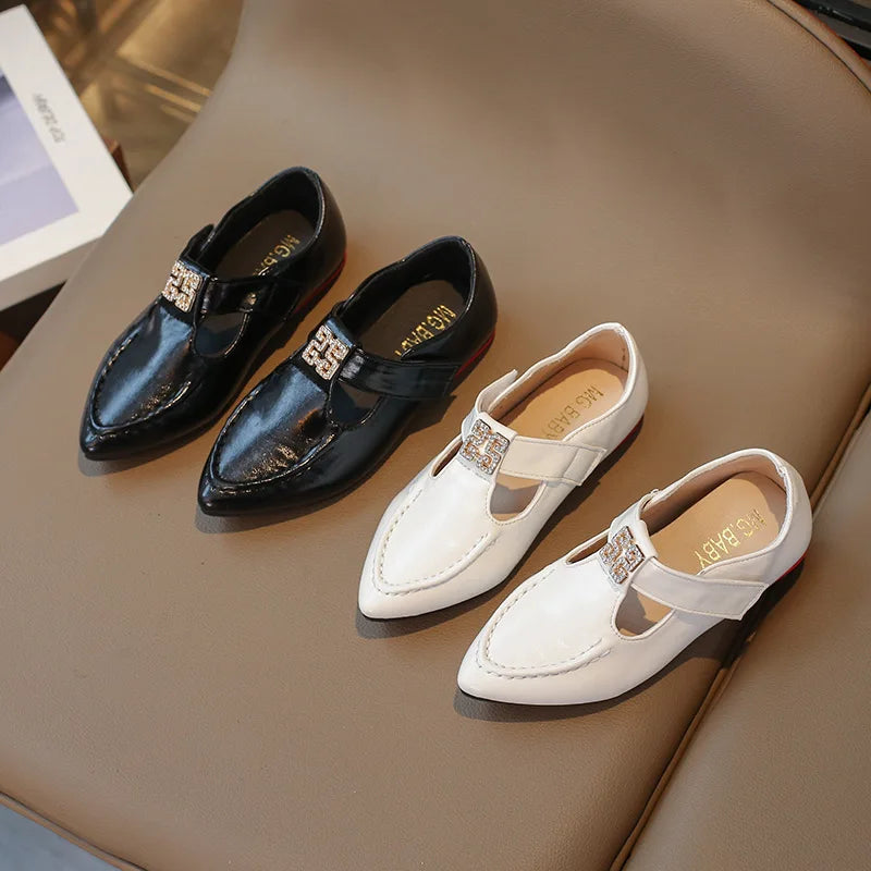 Fashion Girls' Shoes  Autumn New Kids Formal Pointed Leather Shoes Simple Versatile Girls' Rhinestone Casual Shoes Zapatos