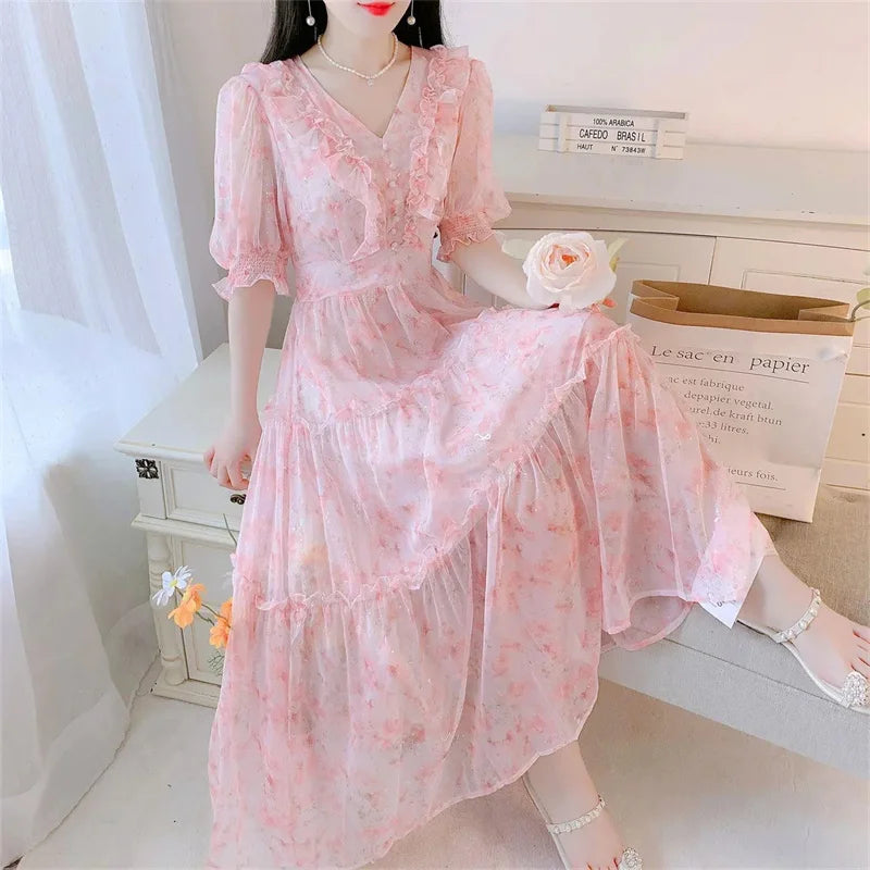 Boho Dress Women Floral Print Wrap Long Holiday Dress Ruffles Female Casual V-Neck Beach A Line Beach Dress Party Vestidos