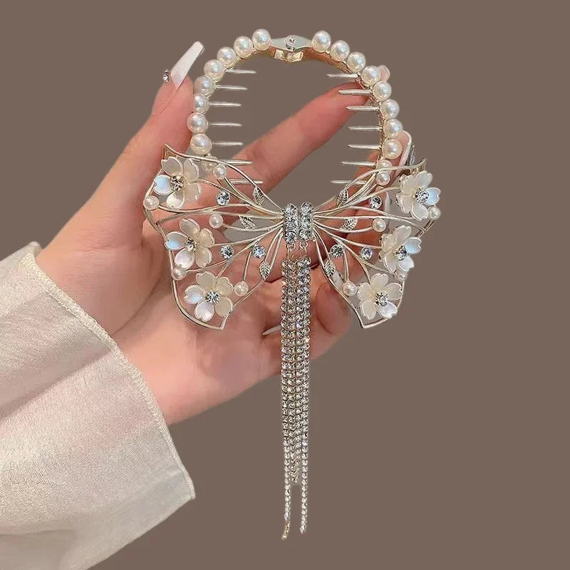 Ladies Butterfly Rhinestone Pearl Metal Hair Claw Round Bun Ponytail Holder