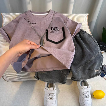 Korean Children's Summer Clothes Kids Set Outfits Boys 2025 Handsome Sleeveless&Short Sleeved T-shirt Denim Shorts 2-piece Set