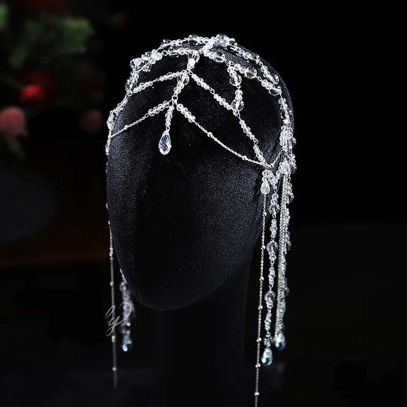 Bridal Beauty Waterdrop Headdress Crystal Forehead Chain Women Hair Jewelry Wedding Accessories Tassel Tiaras Crowns (Available)