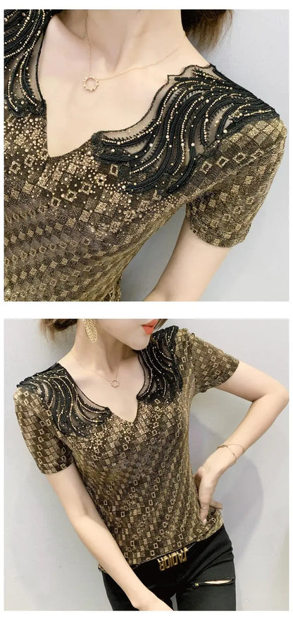 Sexy Hollow out V-Ne Rhinestone ort Sve T-irt Women Summer New Lace Me Top Trendy Anti-Aging Versatile Small irt