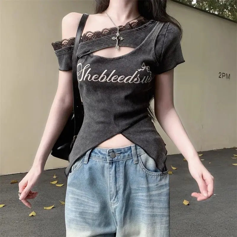 Onalippa 2026 Korean Design Niche Sweet Spicy Girl Lace Edge Hollow Out Vintage Short Sleeved T-shirt Summer Letter Printed Top