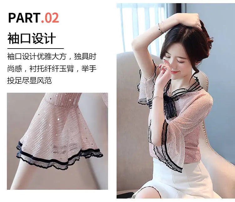 Chiffon Base Shirt with Mid Sleeves Versatile New Spring Sweet and Fashionable Korean Women's Top