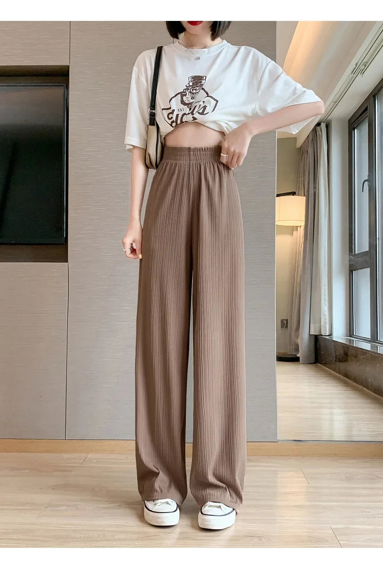 Korea Dongdaemun Ice Silk Wide-leg Pants Women's Thin Slimming Floor Pants White Striped Pants Y2K Fashion Pants Baggy (Available)