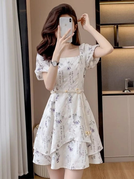 Summer New Chinese Sle Square Collar Bubble ort Sve Retro Waist Cinched A-Line  Dr Women's Faion Sweet Princ