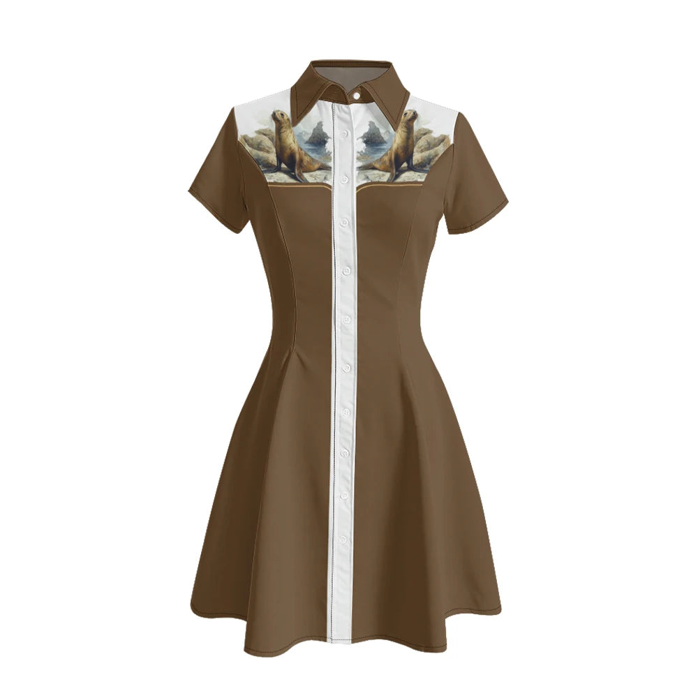 Women's Western Shirt Dress with Music Notes and Dolphin Print Cowboy Collar Button Up Pure Cotton Midi Dress Casual Boho Style