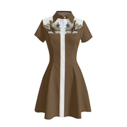 Women's Western Shirt Dress with Music Notes and Dolphin Print Cowboy Collar Button Up Pure Cotton Midi Dress Casual Boho Style