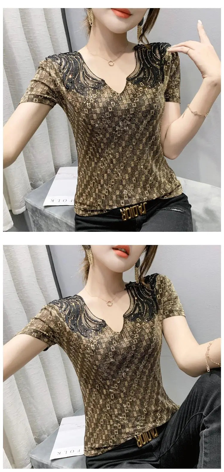 Sexy Hollow out V-Ne Rhinestone ort Sve T-irt Women Summer New Lace Me Top Trendy Anti-Aging Versatile Small irt