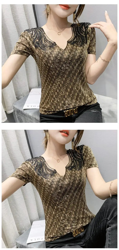 Sexy Hollow out V-Ne Rhinestone ort Sve T-irt Women Summer New Lace Me Top Trendy Anti-Aging Versatile Small irt