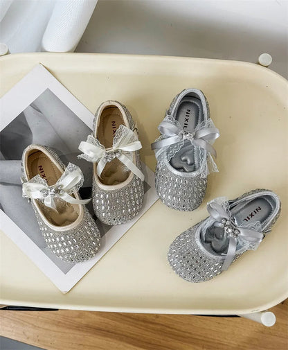 Children Shoes For Girls Leather Bow Rhinestone Princess Shoes Soft Sole Outdoor Fashion Kids Sneakers EU 26-33