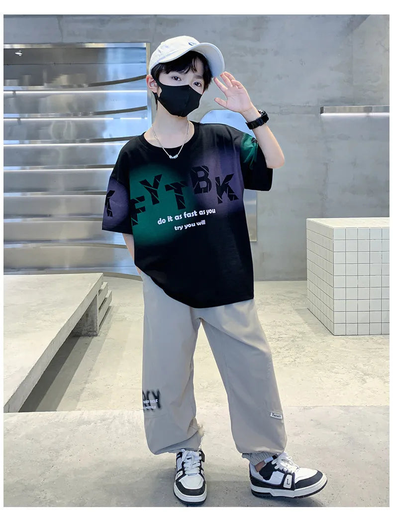 Teenager Boys Clothes Casual Outfit Kids Gradient Tracksuit Child t shirt + ankle tie pant