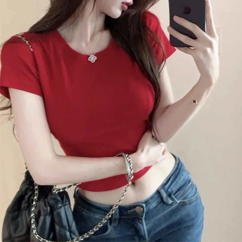 Fashion Women T-shirt Short Sleeve O Neck Solid Slim Fit Ladies Crop Top Butterfly Hollow Backless for Casual Tops Summer 2024