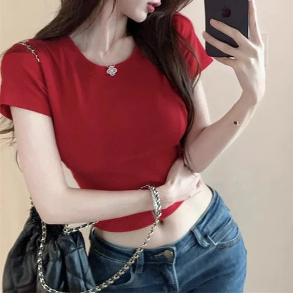 Fashion Women T-shirt Short Sleeve O Neck Solid Slim Fit Ladies Crop Top Butterfly Hollow Backless for Casual Tops Summer 2024