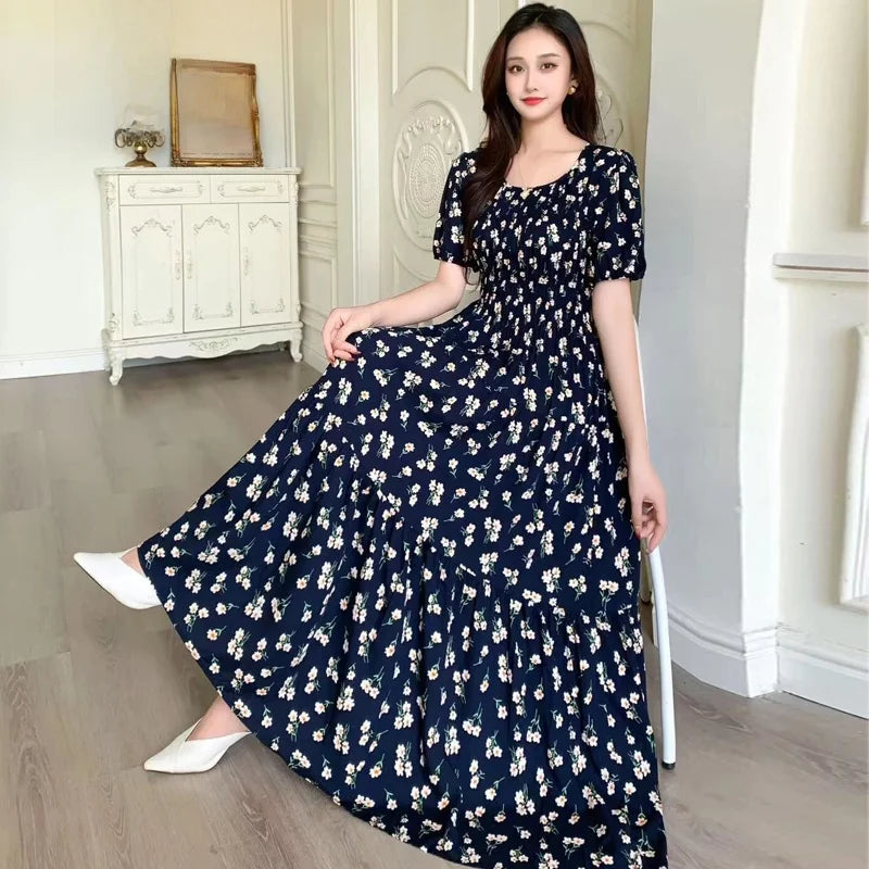 Summer New Cotton Silk Dr Casual High Waist Floral Print Beachwear Outerwear Slimming Waist Long Skirt A-Line Gown