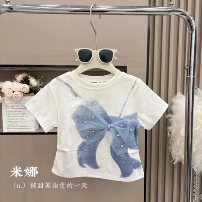 2025 Summer Girls Three-dimensional Bow Round Neck Solid Color Short Sleeve Fashionable Versatile Bow Culottes Two-piece Set