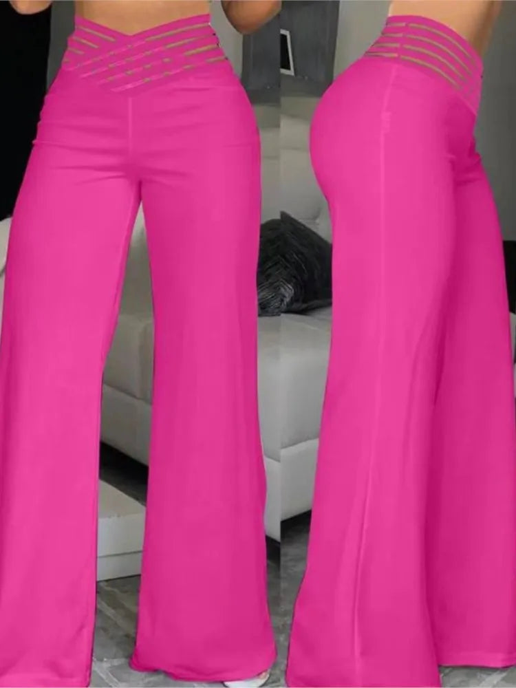 Women Wide Leg Flared Pants  Spring Casual Crisscross Sheer Mesh Patch High Waist Trousers Y2k Streetwear Elegant Work Pant (Available)