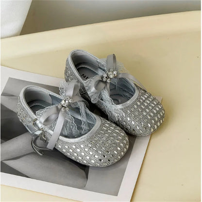 Children Shoes For Girls Leather Bow Rhinestone Princess Shoes Soft Sole Outdoor Fashion Kids Sneakers EU 26-33