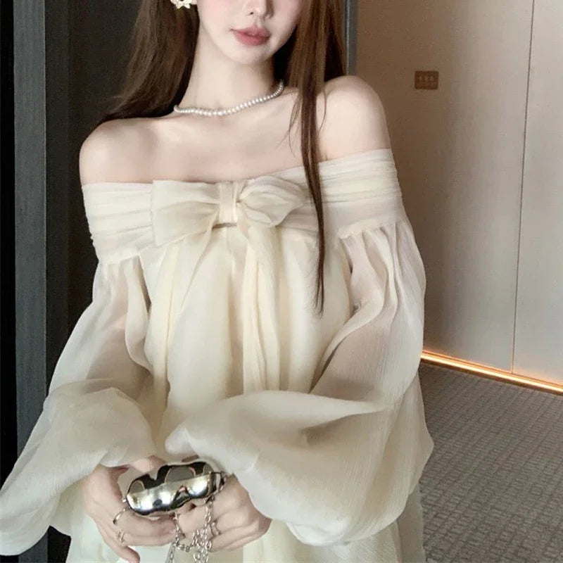 Bow Slash Neck Vestidos Off Shoulder Dress Sexy Sweet Vestido Fairy Mini Loose Dresses Spring 2026 New Long Sleeve Ropa Mujer