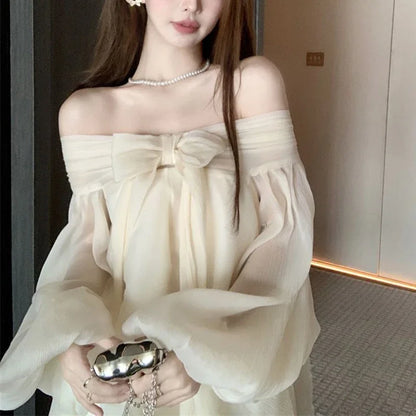 Bow Slash Neck Vestidos Off Shoulder Dress Sexy Sweet Vestido Fairy Mini Loose Dresses Spring 2026 New Long Sleeve Ropa Mujer