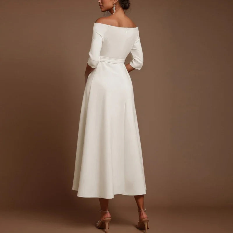Elegant Party Dresses For Women One Shoulder Half Sleeve High Waisted A-Line Long Dress Women Offfice Dress White (Available)