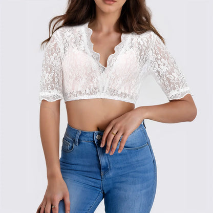 Women's Bavarian Oktoberfest Costumes Elegant Lace Crop Top Traditional Dirndl Blouse V Neck Short Sleeve Tops And Blouses