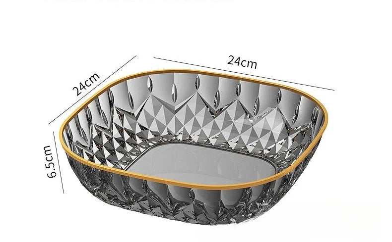 New Household Fruit Bowl Salad Dessert Biscuit Plate Plastic Square Transparent Tray Golden Edge Snack Plates Tableware LIJIAO