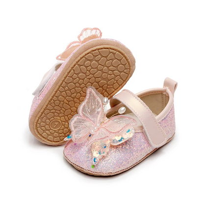 Shiny 3D Butterfly Princess Dress Shoes for Baby Girl Glitters Flats Non-Slip Crib Shoes Walking Shoes for Toddlers Infants