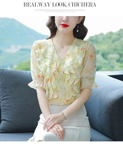 Fashion Printed Spliced Lace Up Bow Ruffles Floral Blouse Women's Clothing Summer New Casual Pullovers Loose Sweet Shirt