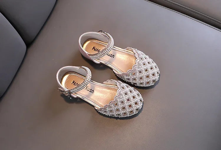 Children Spring Summer Korean Version Dance Shoes Girls Pearl Show Shoes Girl Rhinestone Princess Lace Leather Shoes Solid Color