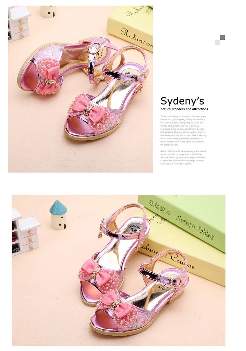 Girls Princess Shoes Summer Children High Heels Open-toe Party Wedding Toddlers Sandals Non-slip Kids Causal Sequins Beach Shoes