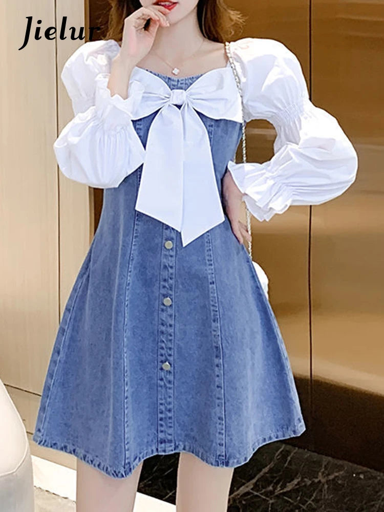 Jielur Korean Dress for Women Fashion Square Collar Puff Sleeve Sweet Bow Robe Femme Patchwork Tunic Denim Dress
