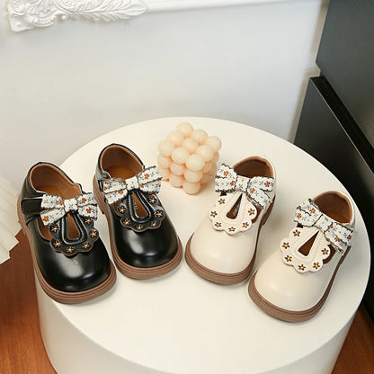 Cute bow Leather Girls Shoes 2025 New T-strap Oxfords Spring Kids Soft Shoes For Girl School Children Princess Dress Shoes