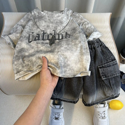 Korean Children's Summer Clothes Kids Set Outfits Boys 2025 Handsome Sleeveless&Short Sleeved T-shirt Denim Shorts 2-piece Set