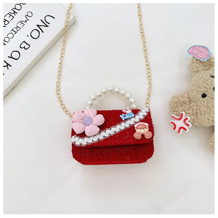 Sweet Bow Children's Small Square Shoulder Bag Sequin Lace Princess Girls Crossbody Bags Pearl Handle Coin Purse Handbags Gifts