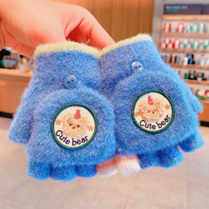 Winter Plush Knitted Cartoon Rabbit Flexible Flip-top Gloves Thicken Warm Cute Gloves For Baby Girls Half Finger Children Gloves