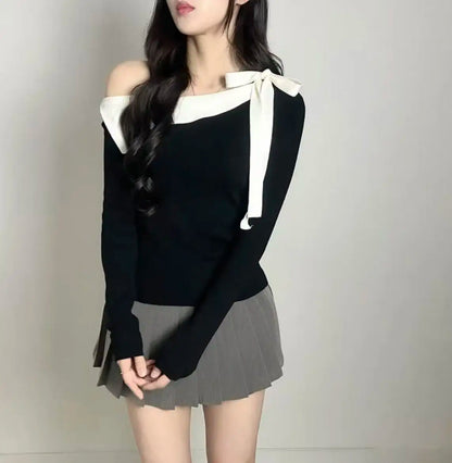 Women's Knitted Sweater Chic oulder Bow Design Long Sve Sweet Inner Wear Base irt Korean Sle Faionable Top
