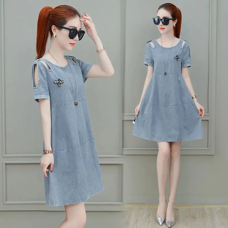 Short sleeved Denim Dress Summer Women's 2024 New College style Fashion Student Loose Dress With pockets Casual Clothing