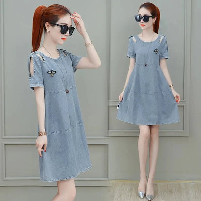 Short sleeved Denim Dress Summer Women's 2024 New College style Fashion Student Loose Dress With pockets Casual Clothing