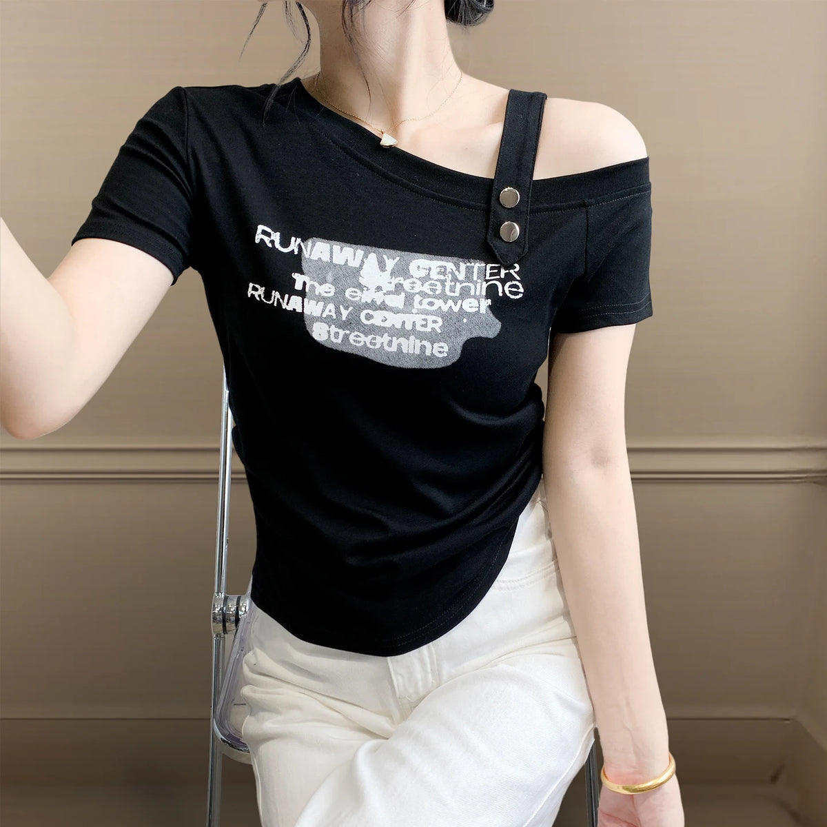 Sexy oulder Bared T irt Women's ort Sve Asymmetrical Collar Faionable Slimming Top Korean Sle Cotton Blend Summe...