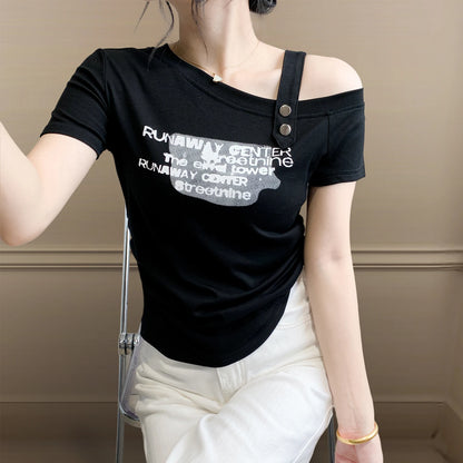 Sexy oulder Bared T irt Women's ort Sve Asymmetrical Collar Faionable Slimming Top Korean Sle Cotton Blend Summe...