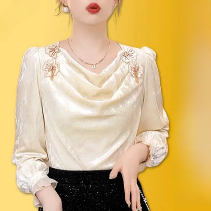 Faionable Floral Patchwork Long Sve irt Women's Winter Luxury Sle Ele Top French Sle Loose Fit Polyester Fiber