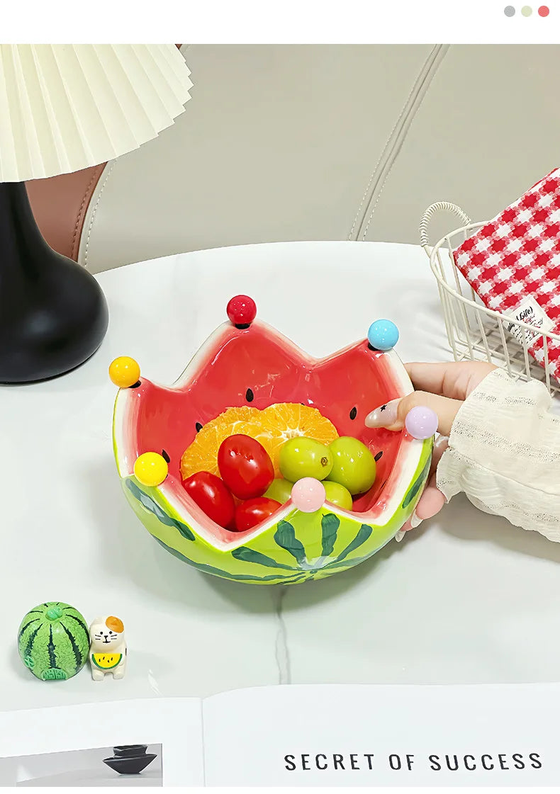 Watermelon Fruit Plate Creative Ceramic Fruit Fork Set Large Capacity Living Room Coffee Table Fruit Bowl Plate Cute  Ornaments (Available)