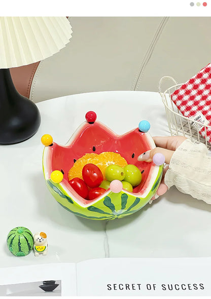 Watermelon Fruit Plate Creative Ceramic Fruit Fork Set Large Capacity Living Room Coffee Table Fruit Bowl Plate Cute  Ornaments (Available)