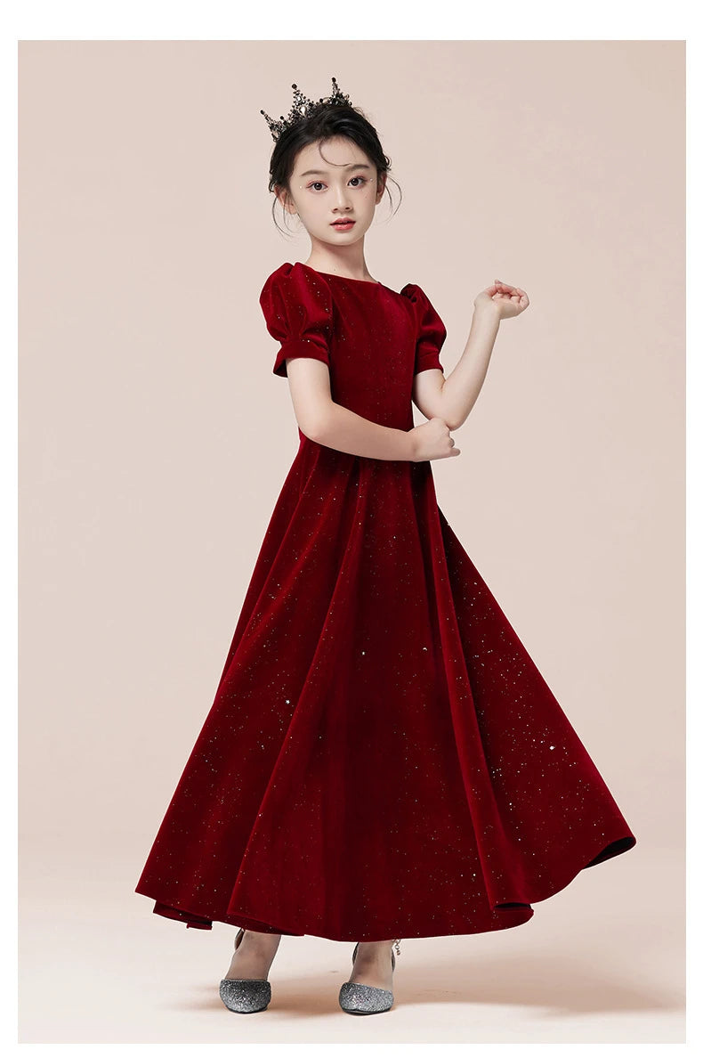 Kids Party Dress Clothing For Birthday Princess  Wine Red Piano Wedding Flower Girl 5-17 Years Old  Host Children's Formal Dress