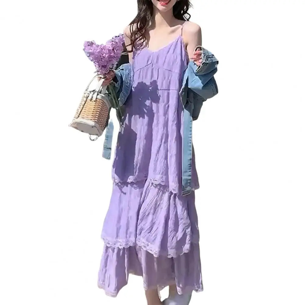 Women Dress Elegant V-neck Lace Maxi Dress for Women Solid Color Sling Dress with Multi Layer Design Stylish Loose Cut Evening