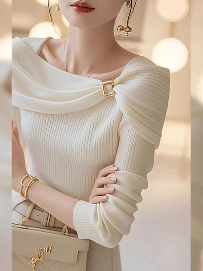 Ele White Knitted One-oulder Top for Women Early Autumn Design Unique Personali Commute Sle Slim Fit Long Sve T-...