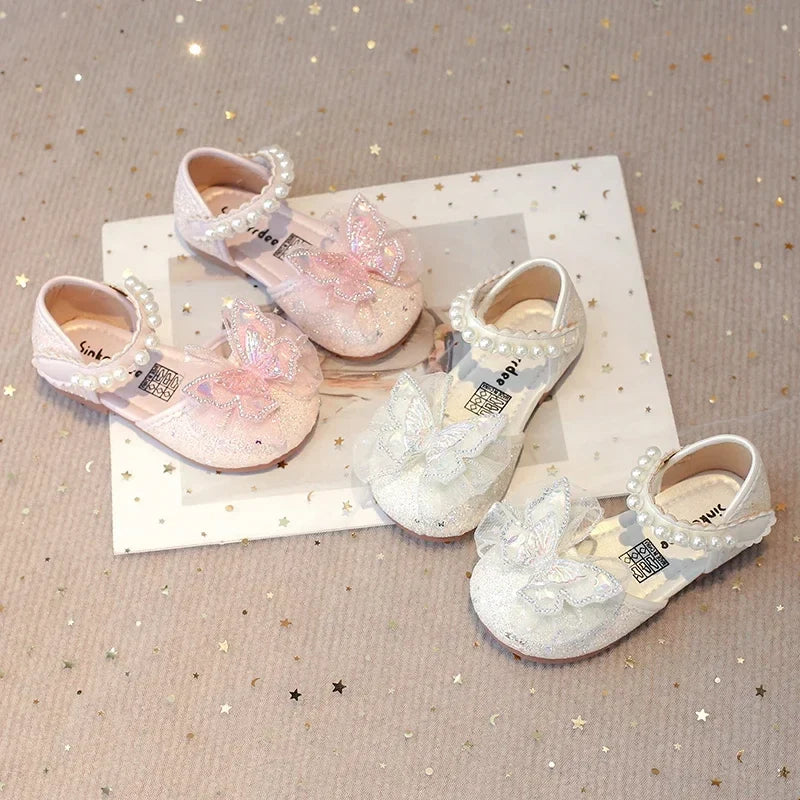 Girls Dress Shoes for Wedding Party Bling Sequins with Rhinestone Butterfly Sweet Princess Chic Kids Flat Shoes Lace Beaded