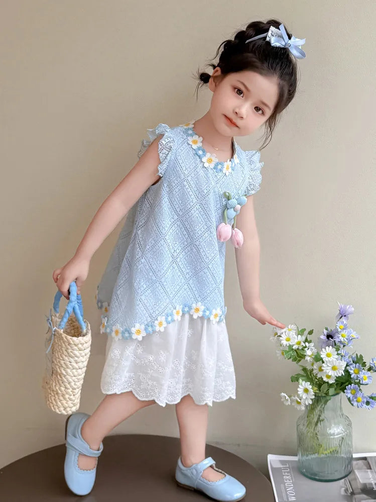 New Children's Fly-sleeved Skirt Summer Dress Girls Princess Dress Girls Vest Skirt (Available)